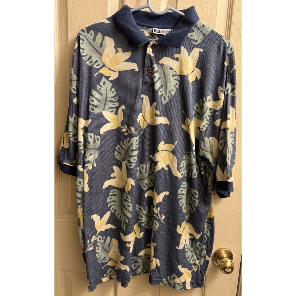 UN Tied Men's Floral‎ Hawaiian Polo Shirt Blue XL